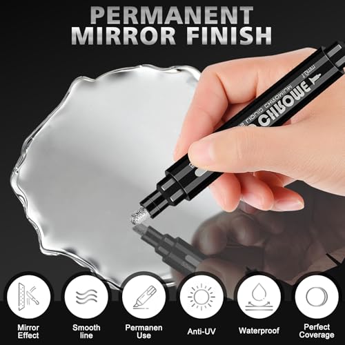 Image of SFAIH Chrome Silver Paint Markers Pens - Dual-Ended with Fine & 2-Way Reversible Tip for Metallic Mirror Finish on Any Surface - Professional, Waterproof, Permanent for Crafts, Metal, Car,Glass