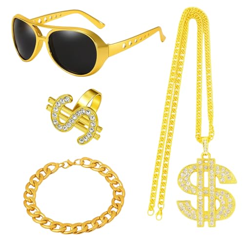 ZocRjvN 4-teiliges Elvis Presley Accessoire Set Goldkette Herren mit Grillz und Rapper Kette Gangster Kostüm Zubehör für Männer Gold Chain und Goldketten im 90er Stil