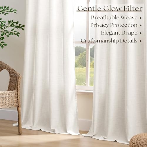 Image of Curtains 108 Inch Length 2 Panels Thick Linen Sheer Cream 52x108 | Light Filtering, Semi Sheer, Grommet Drapes, Privacy, Non See Through, Long Curtain, for Villa Hallway, 9 Ft, Natural Ivory