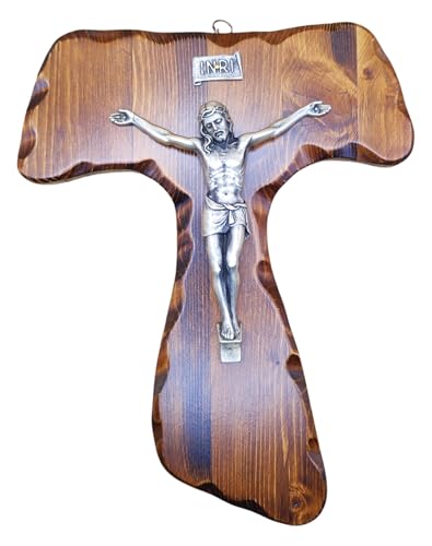 La Balestra Croce Tau da Parete - Artigianale Made in Italy Cristo e INRI Placcati Argento 999 - Crocifissi da Parete in Legno, Cura e Precisione dei dettagli di Gesù Crocifisso - 23x17,5cm