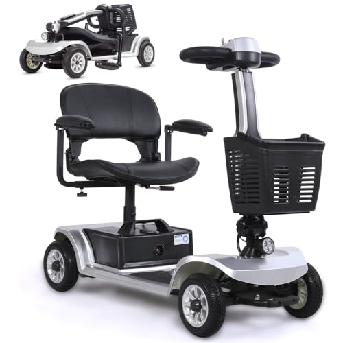 4 Wheel Mobility Scooter, Long Range, 418 lb Capacity, Electric Power Mobile Wheelchair for Seniors Adult with Lights Collapsible and Compact Duty Travel Scooter with Basket (Silver 13 Miles)