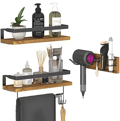 DECOSIS Bathroom Floating Shelves Wall Mounted, Rustic Wood Bathroom Wall Shelf with Towel Bar & Hooks, Storage Shelves for Bathroom, Kitchen, Bedroom, Living Room, Office, Brown, Set of 3