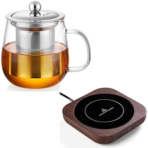 Glass Tea Infuse Mugs, Borosilicate Large Tea Cup with Infuser and Lid & Coffee Mug Warmer with Auto Shut Off, 3 Temperature Settings Cover