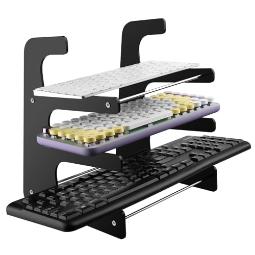 CaSZLUTION Acrylic Keyboard Holder Storage Rack, 3-Tier Keyboard Display Stand, Mechanical Gaming Keyboard Shelf Desktop Organizer - Black