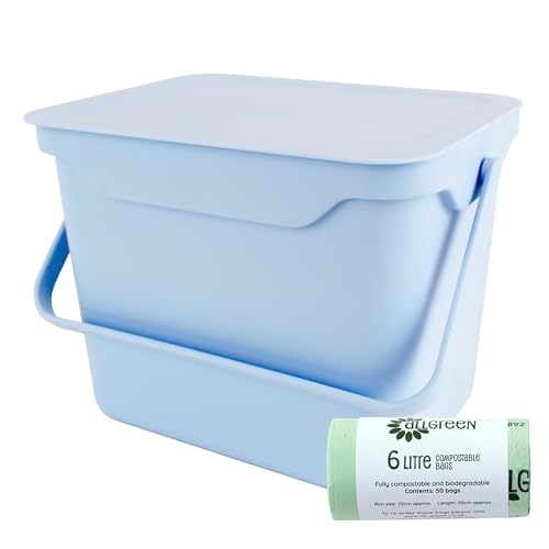 Easy Eco Pastel Blue 5L Kitchen Compost Caddy & 50x All-Green Compostable Bags- Composting Bin for Food Waste Recycling