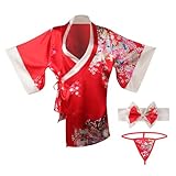 TINAYAUE Frauen Sexy japanische Schlafanzüge Traditioneller japanischer Kimono Pyjama Leichtes Pyjama Set mit Fliege Bedruckter Kimono Bademantel Rollenspiel Dessous Set Geisha Cosplay Unterwäsche