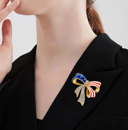 Image of Rhinestone Bowknot USA Flag MAGA Brooch Pin for Women Gold Plated Fashion Crystal Star Blue Red American Patriotic Medal Brooches Dress Accessories Independence MAGA Presidential Election Day