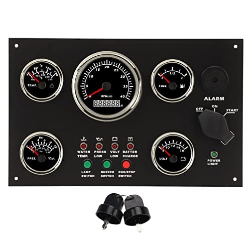 Marine Instrument Panel with 5 Gauges - Tachometer Fuel Level Water Temperature Oil Pressure Voltmeter Durable Aluminum Alloy Panel IP67 Waterproof Easy Installation for Engine Yacht Fishing Boat Ship