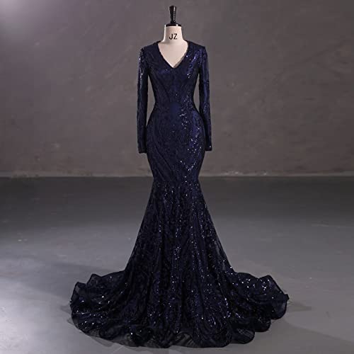Mermaid Trumpet Evening Gown Long Sleeve V Neck Sequins Elegant Dress Engagement Court Train3