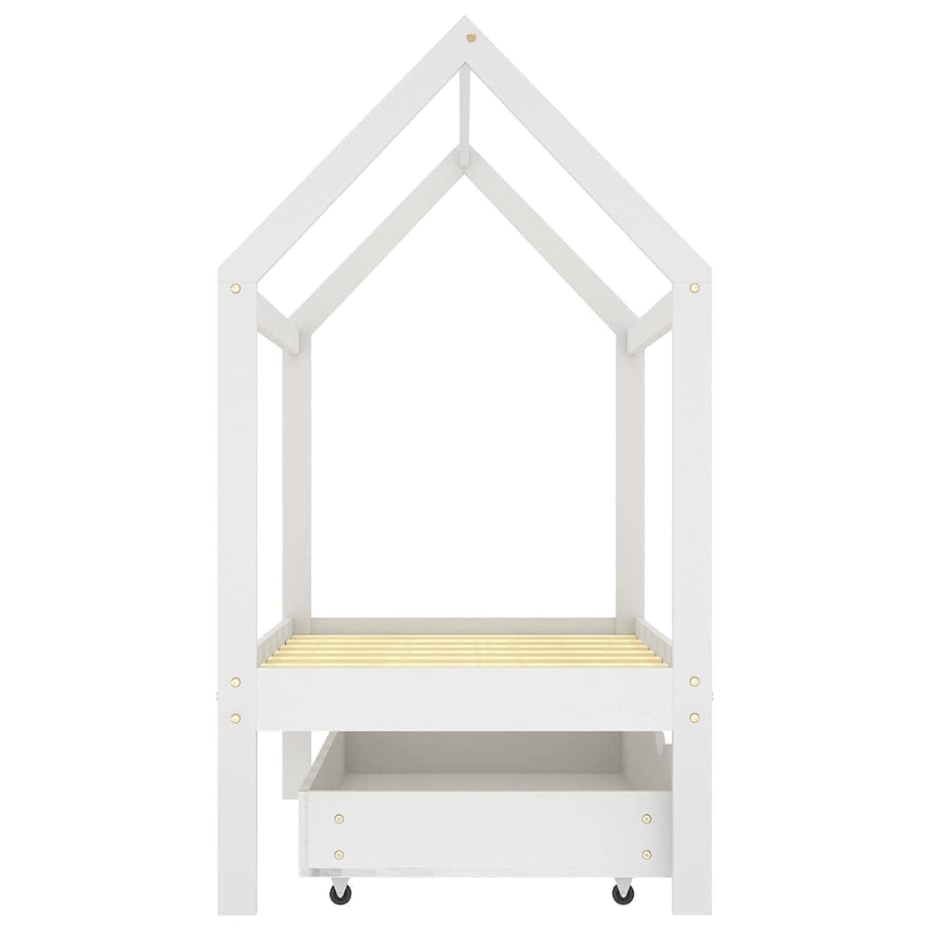 Kinderbett aus massivem Kiefernholz weiß mit Schublade, 70 x 140 cm Bettgestell mit Lattenrost und Stauraum für Kinderzimmer, Laufbett und Juniorbett