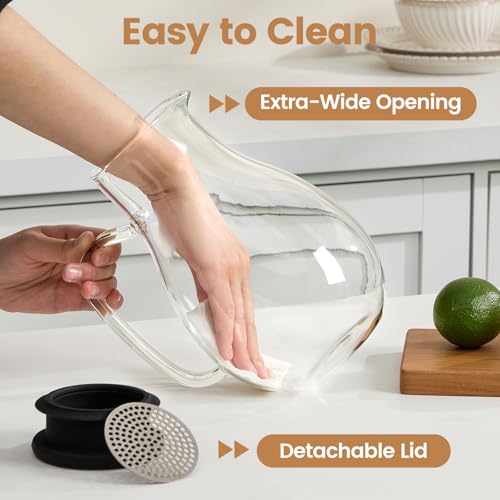 Image of 68oz Glass Pitcher with Lid - Borosilicate Jug for Hot /Cold Drinks, Leak-Proof Silicone Lid, Juice & Iced Tea Serveware for Family Kitchen, Small Fridge, and Daily Hydration (Round)