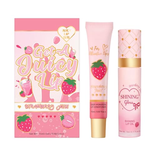 Lip Care Duo Set - Lip Conditioner & Lip Oil Set - Lip Care Gift Set for Women - Strawberry Lip Gloss - Natural Lip Gloss Balm For Dry and Chapped Lips (Strawberry