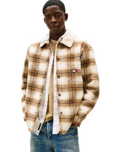 Tommy Jeans Mens Regular Checkered Teddy Overshirt, BLACK WALNUT/CHECK Large
