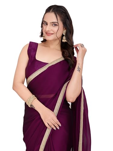 Buy Ekasya Women Rangoli Silk Wine Solid Pattern Ready To Wear Pre-Stitched Saree With Unstitched Blouse (E2086_1) at Amazon.in - Image 2