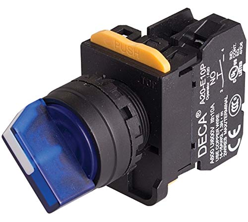A20F-2E10Q4S, 22mm Selector Switch, 2 Positions, Illuminated, Maintained, 1NO 10A 110V, Blue Knob & LED 24V AC/DC