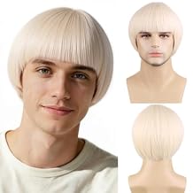 RightOn Short Light Blonde Bowl Cut Wig 80s Outfit for Men Synthetic Blonde Mushroom Wigs for Daily Party or Cospaly Hairnet Include