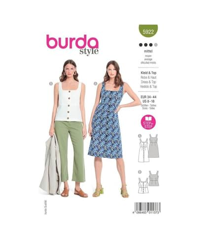burdastyle Schnittmuster 5922 | Trägerkleid und Top zum selber nähen | Damen, Gr. 34-44 | Nählevel: mittel