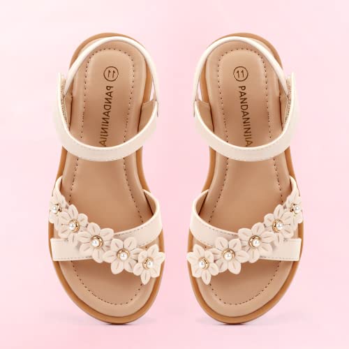 Pandaninjia Mary Girls Sandals Open Toe Cute Flower Pearl Flats Dress Sandals Cross Strappy Summer Shoes Toddler/Little Kid/Big Kid (Beige Pu, 13 M Us Little Kid) #TOP4
