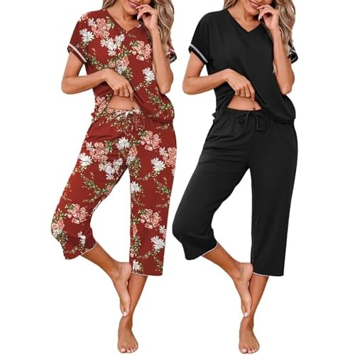 Marvmys Womens 2 Pack Pajama Sets Short Sleeve Pajamas Tops and Capri Pants Pjs Print Lounge Sets with Pockets S-3XL Large Black, Red Floral