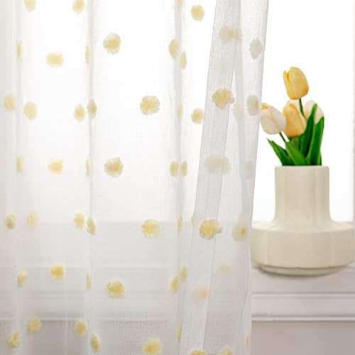 MYSKY HOME Rideaux Voilage pour Chambre d'enfant Draperies Voile avec Oeillet Pompons Brodé Design Semi-Transparent Rideau pour Cuisine, L 140 x H 175 cm,...