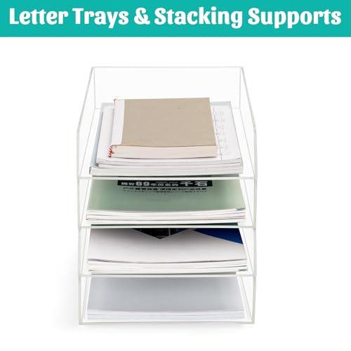 AZFUNN Clear Acrylic Paper Tray Letter Trays A4 File Desk Organizer, Stackable Paper Holder Desktop Storage Organization for Office Supplies Book Pen (Lengthways) - Thumbnail 3