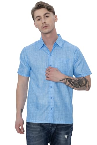 HAPPY BAY Men's Hawaiian Shirts Short Sleeve Button Down Shirt Men's Hawaii Shirts Boho Vacation Casual Summer Beach Shirts for Men Funny L Blue Solid