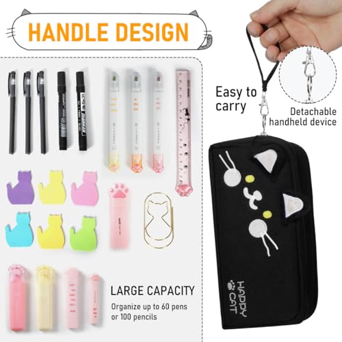Image of Cat Pencil Case,Kawaii Large Capacity Protable Pencil Pouch Stationery Pen Bag with 5pcs cat bookmarks paper clips Big Storage Organizer for School Office Supplies (Black)