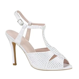 stiefelparadies Party Damen Sandaletten Glitzer High Heels Stilettos Schnallen 155309 Weiss Samtoptik 39 Flandell