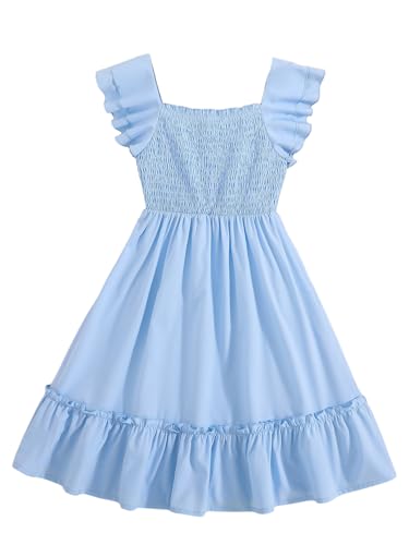 WDIRARA Girl's Square Neck Layered Ruffle Cap Sleeve Dress Smocked A Line Dresses