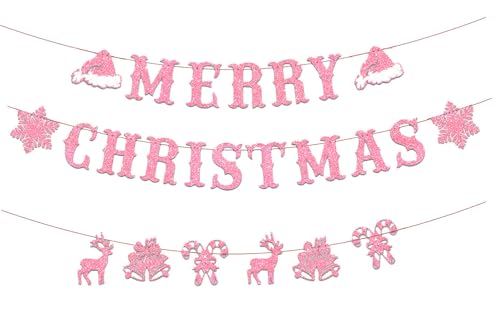 Image of Pink Christmas Party Decorations,Merry Christmas Banner Decorations,Xmas Pink Tree Snowflake Banner for Home, Outdoor, Indoor, Winter Holiday Home Birthday Party,Snowflake Winter Birthday
