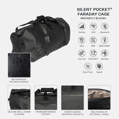 SLNT Faraday Dry Duffel Bag with Silent Pocket - Waterproof Nylon, Signal Blocking Multishield Lining Protects from Hacking, Spying - Blocks RFID, WiFi, Bluetooth, NFC, Cellular, GPS, EMF (40 Liter)2