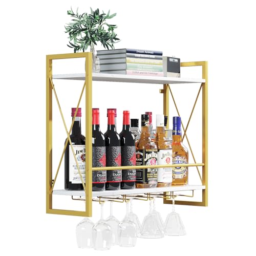 Dokser Wine Rack Wall Mounted 2 Tier Shelf, Wall Wine Rack with Industrial Iron & Rustic Wood Frame Wine Bottle Holder for Kitchen, Dining Room, Home Bar Decor (Gold)