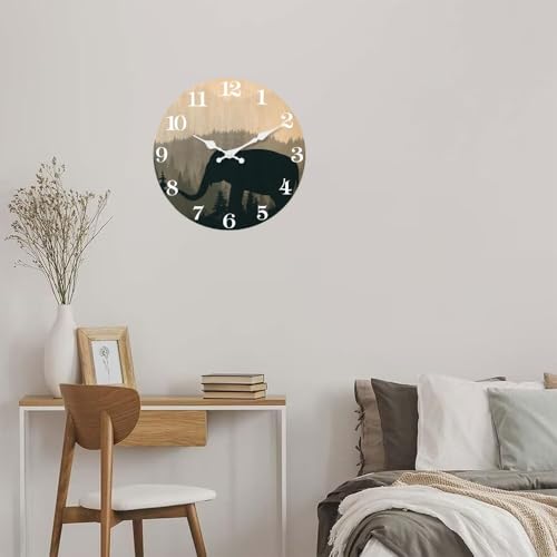 Image of XFM Vintage Elephant Wall Clock 12 Inch Silent | Battery Operated, Farmhouse Wooden Clock, Decorative for Kitchen Cabin Lodge Bedroom