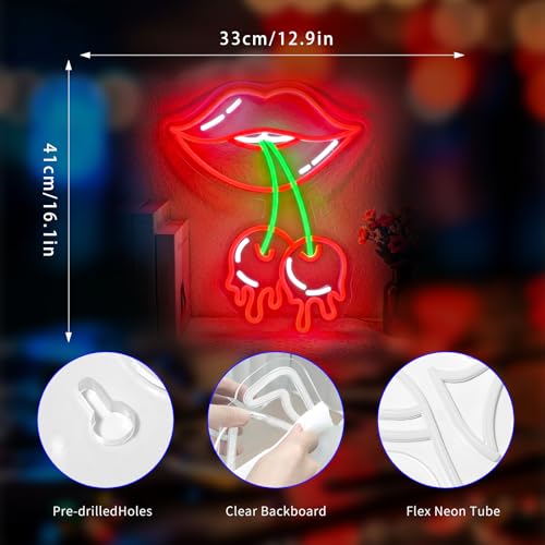 Image of Cherry Lips Neon Sign, Neon Signs for Wall Decor Neon Red LED Signs Room Neon Light Up Signs Home Decor for Bedroom Club Party Bar Shop USB Operated