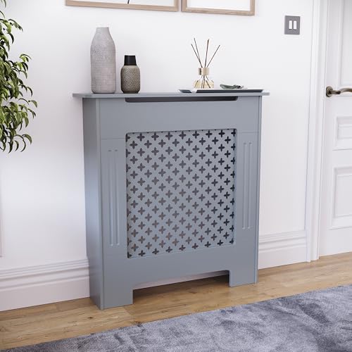 Vida Designs Oxford - Cubierta de radiador - Patrón de Cruz Tradicional, Gris, MDF, Acabado Pintado, eficiencia térmica, pequeña, (Altura 82 x Ancho 78 x Profundidad 19 cm)
