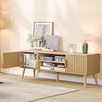 FIONESO Fluté TV Stand pour 32-60 pouces TV, TV Console, Centre de divertissement avec 2 Cabinets & Étagère, TV Table, Console de médias avec poignée en or pour salon, naturel