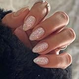 Gifiky Short False Nails Almond Press on Nails Bling Nails Tips Full Cover Ballerina Fake Nails for Women and Girls 24Pcs