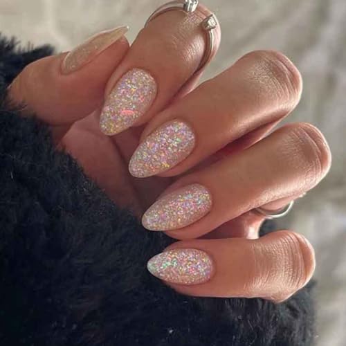 Gifiky Short False Nails Almond Press on Nails Bling Nails Tips Full Cover Ballerina Fake Nails for Women and Girls 24Pcs