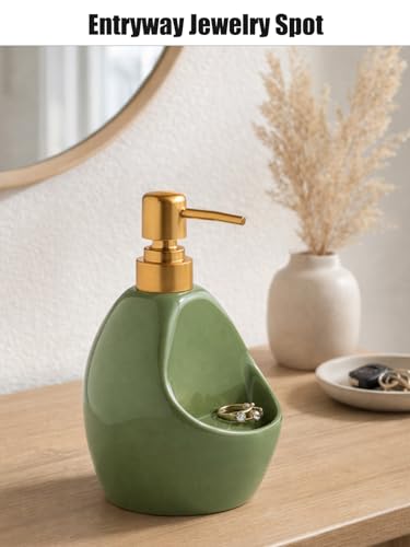 Image of Green Ceramic Soap Dispenser with Sponge Holder - Refillable Kitchen Sink Soap Pump with Sponge Tray - 2-in-1 Sink Organizer for Dish Soap, Farmhouse Countertop Decor