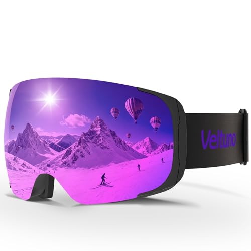 Veltuno Ski Goggles for Men Women Adult & Youth, OTG Snowboard Goggles Anti Fog, Snow Goggles UV Protection Wide Vision (Black Frame/Revo Purple Lens (vlt...
