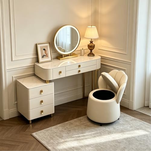 Mesa de maquillaje con espejo iluminado, tocador con tapa de mármol, Cómoda de maquillaje con taburetes y cajones de almacenamiento, gabinete lateral for dormitorio, mujeres y niñas, blanco(L:100cm)
