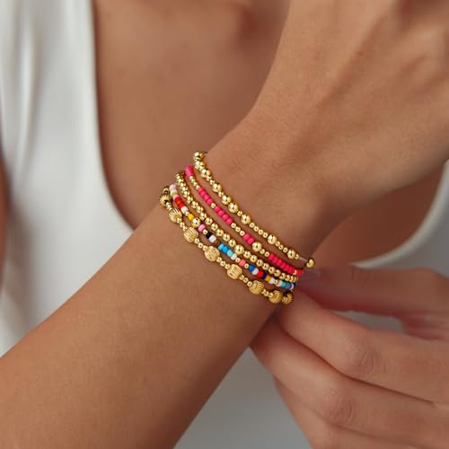 image for Turandoss 5PCS Gold Beaded Bracelets for Women Jewelry Gifts - Dainty 
