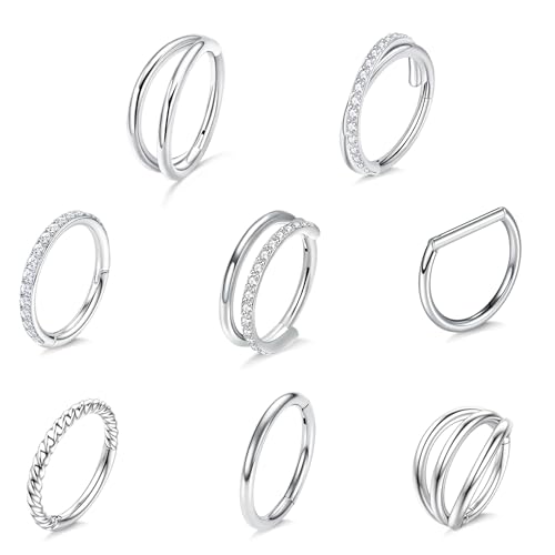 8 Pcs Nose Rings Hoops 316L Surgical Steel Septum Rings CZ Opal Twisted Clicker Nose Rings Hoop Helix Cartilage Daith Tragus Sleeper Earrings Body Piercing for Women Men Silver Gold Hinged Segment Septum jewelry 8mm/10mm (Silver 10mm Style 1)