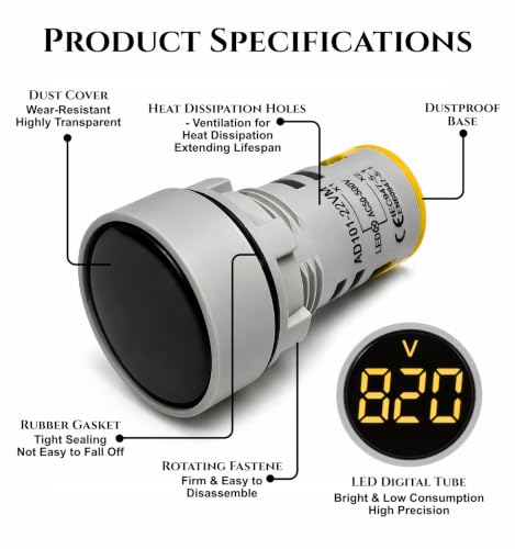 Image of ROBOWAY AD101-22VM Digital AC Voltmeter, AC 50-500V 3-Digit YELLOW LED Voltage Indicator, 22mm Round Panel Mount Voltage Meter for Electrical Control Panels (Pack of 1)