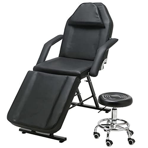 Hironpal Black Beauty Bed Adjustable 3-section Massage Bed Massage Table and Stool Facial SPA Beauty Bed with Stool PU Leather Tattoo Bed