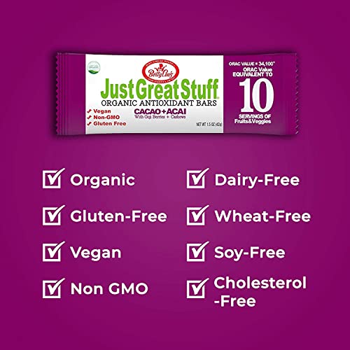 Just Great Stuff Organic Protein Bars | Delicious Superfood Bars W/Cacao Nibs & Berries | Gluten Free, Vegan, Non Gmo | Organic Snacks For Kids & Adults | Individually Wrapped | Cacao Acai (12 Pack) #TOP1