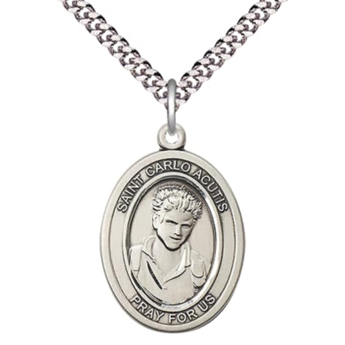 Saint Carlo Acutis Medal Necklace – Men's Sterling Silver Pendant with 24-Inch Light Chain and Gift Box – Patron Saint of the Internet & Youth, Catholic Religious Necklace - Made in USA