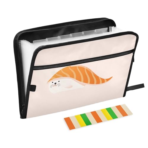 SoreSore ドキュメントファイル A4 大容量 13ポケット アザラシ 海豹 刺身 おもしろ 和風 可愛い ファイル整理 収納バッグ 書類ケース 仕分け 前ファスナー付き