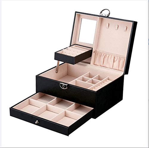 Preisvergleich Produktbild CDZJP Pu Leder schmuckschatulle mehrschichtigen doppel schublade schmuckschatulle Prinzessin schmuck aufbewahrungsbox große kapazität mit Lock Box mädchen, Black