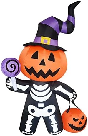 GOOSH 6 FT Height Halloween Inflatable Outdoor Pumpkin with Skull Body, Blow Up Yard Decoration Clearance with LED Lights Built-in for Holiday/Party/Yard/Garden